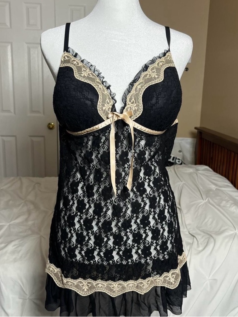 Linea Donatella Black Lace Chemise with Cream Satin Trim